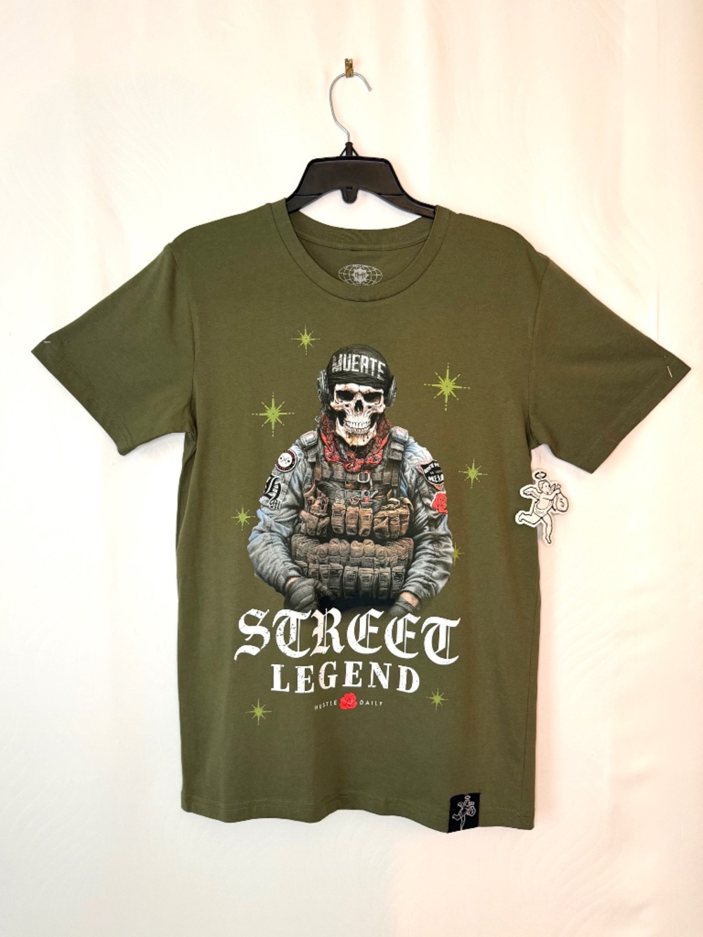 Muerte Hustle Daily Olive T Shirt, Street Legend Skull, S